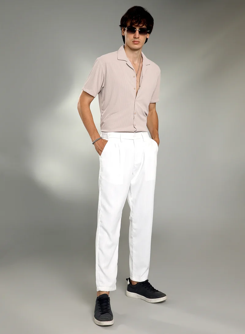 Campus Sutra  Men's Cream White Pleated Tailored Trousers For Casual Wear | Mid-Rise | 3 Pockets | Button Closure | Trousers Crafted With Comfort Fit For Everyday Wear for Men | Best Price UAE